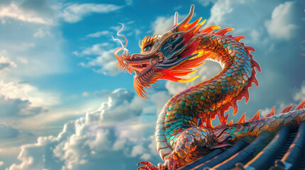 Fototapeta premium Chinese dragon statue on the temple roof