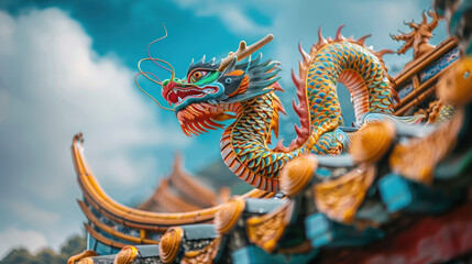Obraz premium Chinese dragon statue on the temple roof