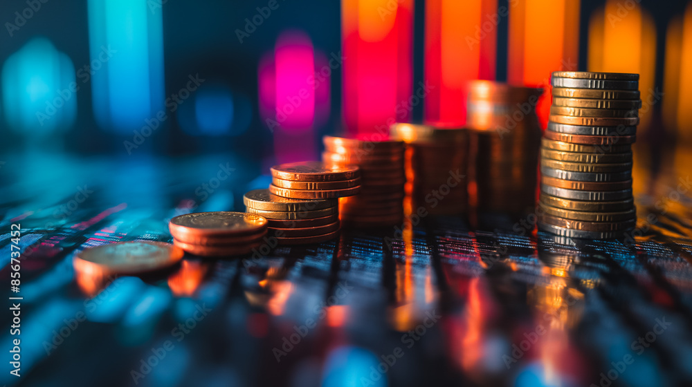 Poster a stack of coins with a blue background. the coins are in different sizes and colors. concept of wea