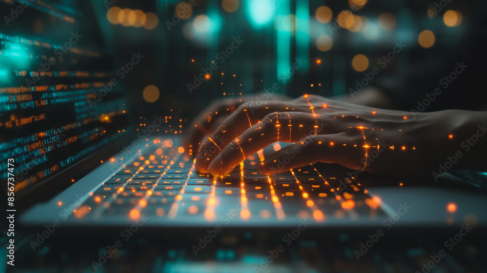 Poster businessman typing on a laptop with coding libraries on the screen.