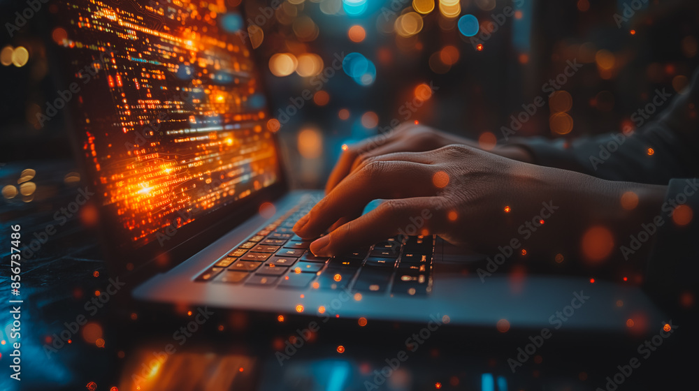 Poster businessman typing on a laptop with coding libraries on the screen.