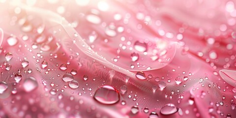 Close-up of dewy droplets on soft pink fabric, creating a fresh and delicate texture.