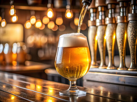 Close-up of the filling a mug of light beer. The bar counter in the pub.