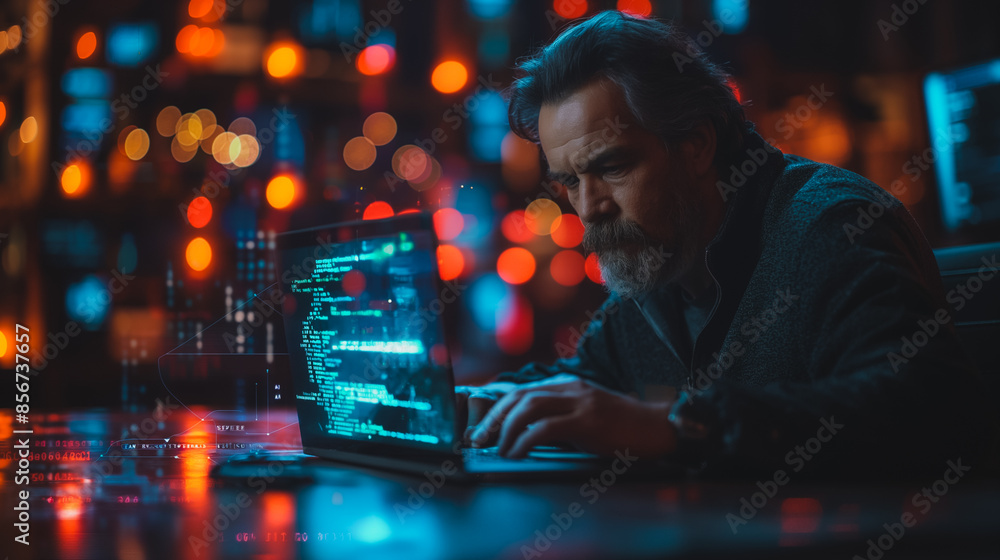 Poster a man typing on a laptop with coding libraries on the screen.