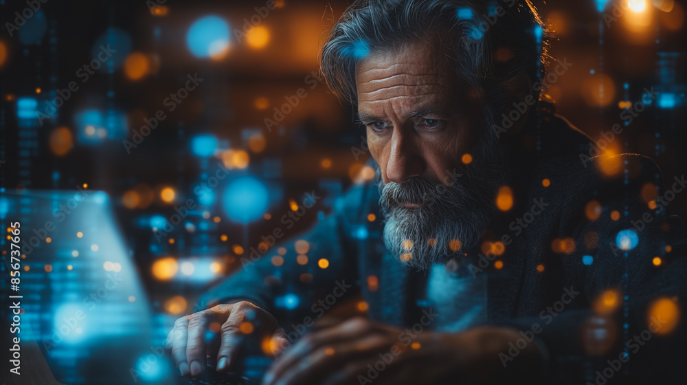 Poster a man is sitting in front of a computer screen, typing on a keyboard
