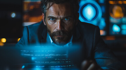 Businessman at a modern office table, working on his laptop with coding libraries on the screen.