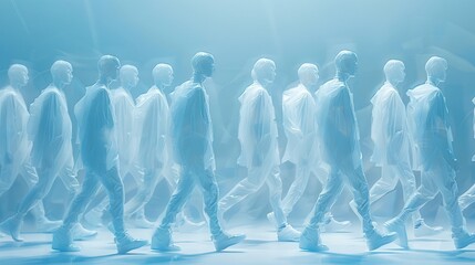 Repetitive people walking in frames, highly technical motion-capture visualizations close-up, a sculptural white man repeatedly arranged along the grid's simplified conceptual interface.