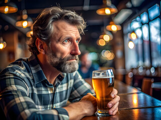 Thoughtful male with curly hair in casual clothes sitting at wooden counter near window in bar and drinking beer