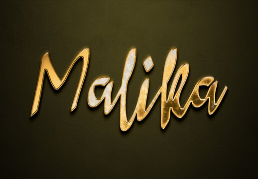 Old gold text effect of Arabic name Malika with 3D glossy style Mockup.
