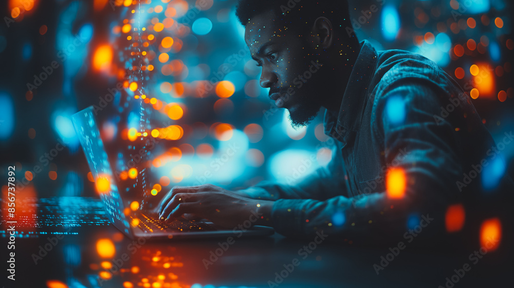 Poster a man typing on a laptop with coding libraries on the screen.