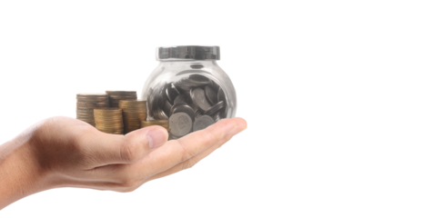 Hands and stock coins and model house ,money saving