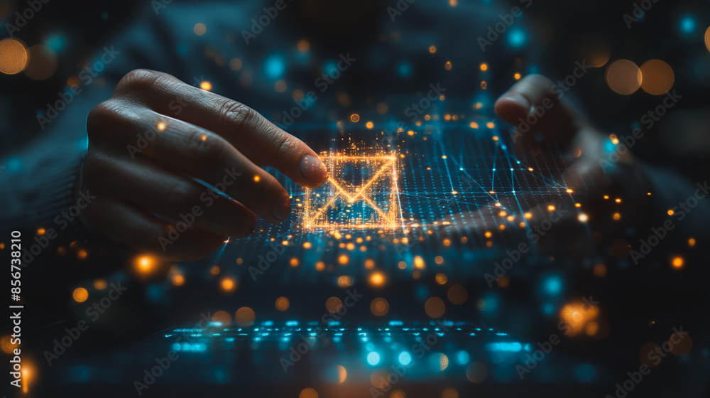 Poster a person using finger to press the send button on an email icon symbols