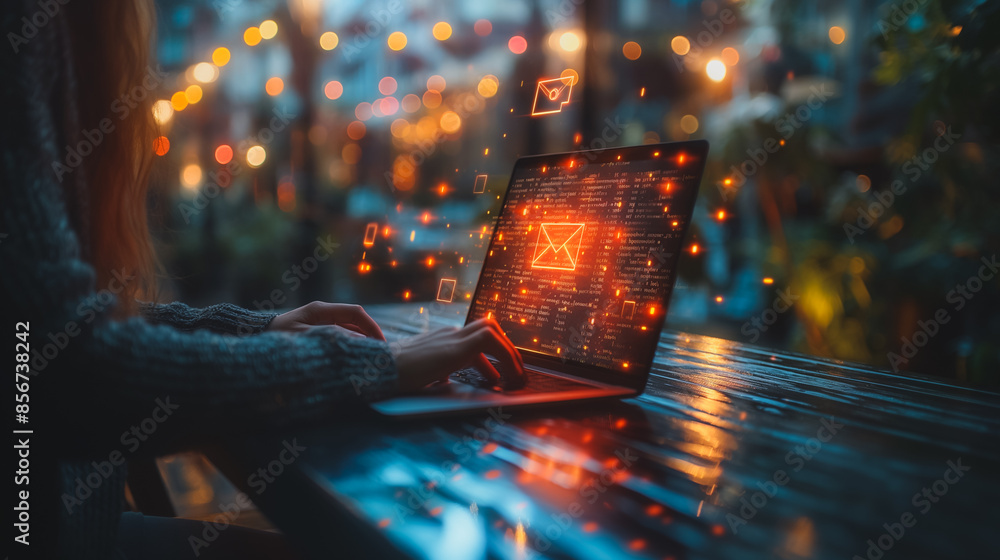Poster a person working on a computer, with showing an email icon symbols on the screen