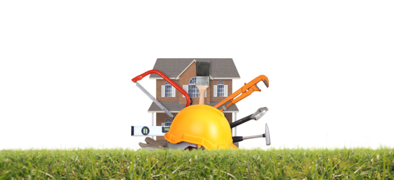 Yellow hardhat and old leather gloves and model house