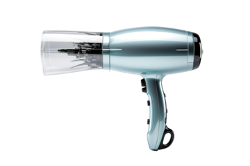 A Cool Breeze of Style: A Sleek Light Blue Hair Dryer Ready for Action on a Clear PNG or White Background.