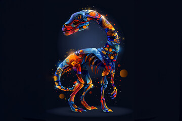 close-up head shot showcases the vividly colored dinosaur skeleton art of a striking poster, presented in an abstract style against a dark background for maximum impact.