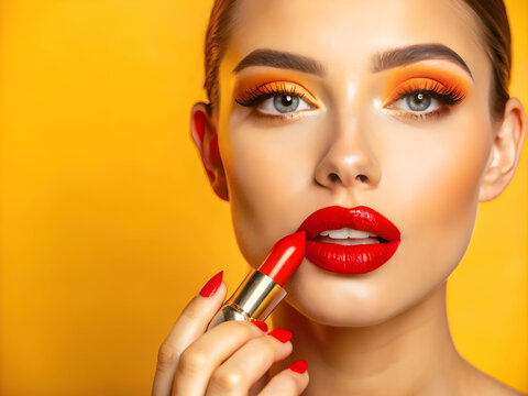 A biracial young female applying lipstick at home, looking up