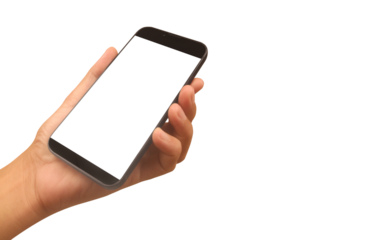 Hand holding smartphone device and touching screen