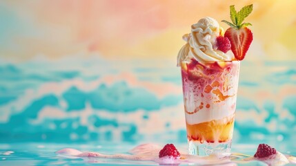 A refreshing image of an ice cream float with vibrant patterns, set against a stylish summer backdrop, with plenty of space for text
