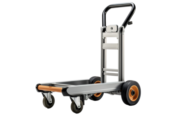A Silver Folding Hand Truck With Black Handle and Orange Wheels on a Clear PNG or White Background.