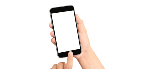 Hand holding smartphone device and touching screen