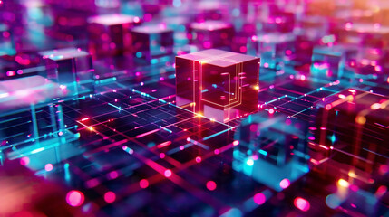 LED light abstract effect futuristic tech glare cubes digital CPU signal shining grid modern big data neon flare quantum computer net system magic code grid HUD lines web device blocks system