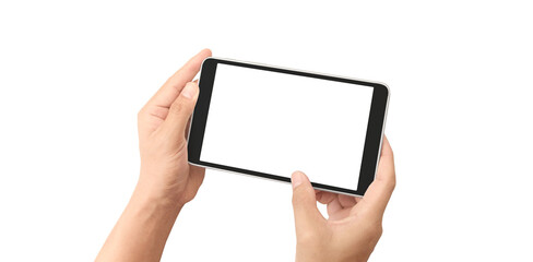 Hand holding smartphone device and touching screen