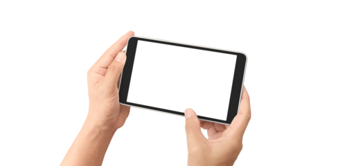 Hand holding smartphone device and touching screen