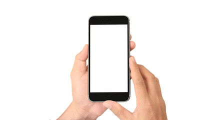 Hand holding smartphone device and touching screen