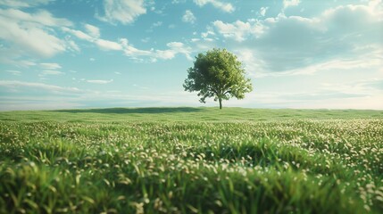 Obraz premium A wide-angle shot of a verdant green meadow stretching to the horizon, with a lone tree standing tall in the distance.