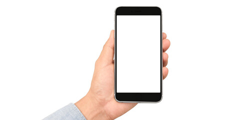 Hand holding smartphone device and touching screen