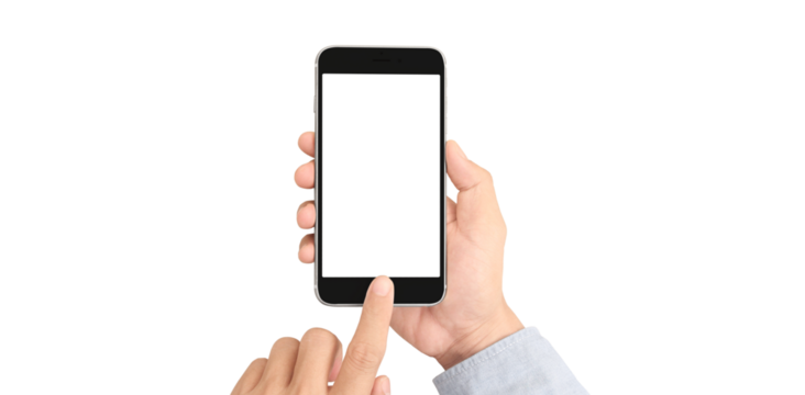 Hand holding smartphone device and touching screen