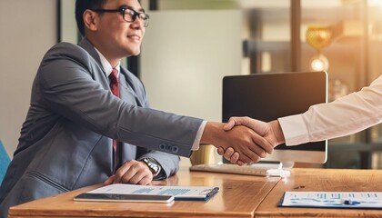 A young professional shaking hands with a new employer in an office setting.