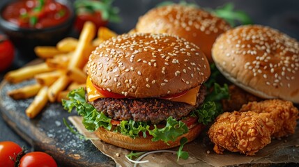 Juicy Cheeseburger with Crispy Chicken Tenders and French Fries