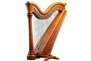 A Polished Wooden Harp Against a White Background on a Clear PNG or White Background.