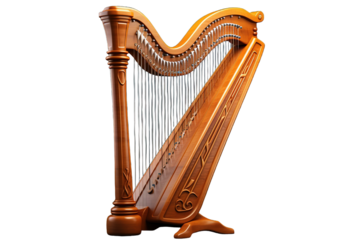 A Polished Wooden Harp Against a White Background on a Clear PNG or White Background.
