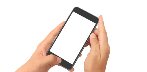 Hand holding smartphone device and touching screen