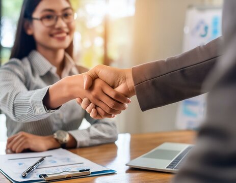 A young professional shaking hands with a new employer in an office setting.