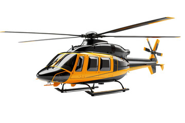 Fototapeta premium A Black And Orange Helicopter Soaring Through The Sky on a Clear PNG or White Background.