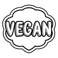 A simple black and white illustration of the word vegan in a speech bubble