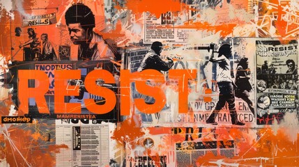 "RESIST" in fiery orange, on a background of 1960s protest articles and retro concert flyers. 