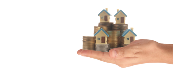 Hands and stock coins and model house ,money saving