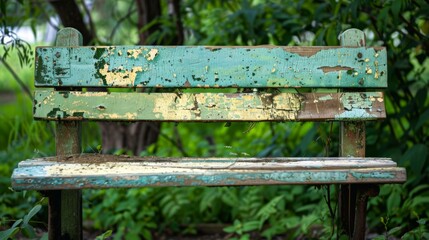 Fototapeta premium Old Bench with Peeling Paint in Overgrown Park for Nostalgic and Rustic Themes