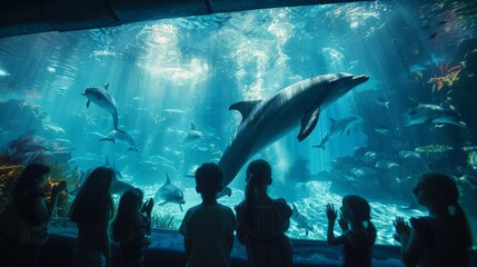Family enjoying a dolphin show at the aquarium