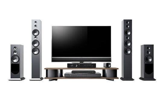 Modern Home Theater Setup With Black Speakers and Flat Screen Television on a Clear PNG or White Background.