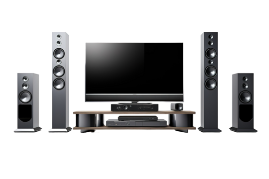 Modern Home Theater Setup With Black Speakers and Flat Screen Television on a Clear PNG or White Background.