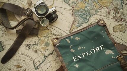 "EXPLORE" in forest green, layered over antique world maps and travel logs from the golden age of exploration. 
