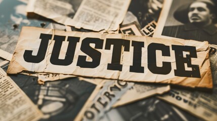 "JUSTICE" in stark black lettering, spread across civil rights movement clippings and old legal documents.