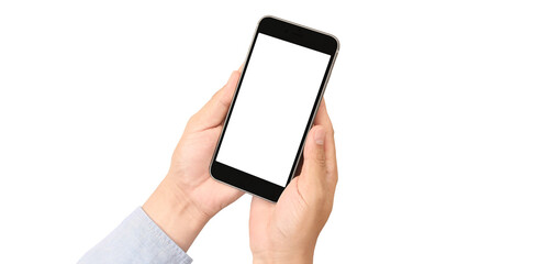 Hand holding smartphone device and touching screen