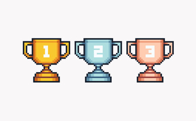 Winner cups, trophy pixel art set. Achievement reward, first place prize collection. 8-bit sprite. Game development, mobile app. Isolated vector illustration.